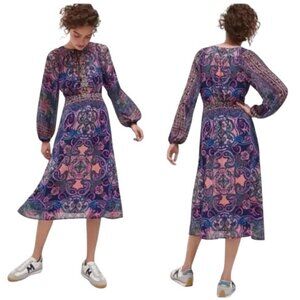 By Anthropologie Sydney Midi Dress Size 2 Floral Paisley Tie Neck Blue Pink Boho